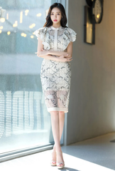 Casual O-Neck Patchwork Short Sleeve Zipper Lace Mini Dress