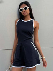 Casual O-Neck Patchwork Sleeveless High Waisted Pocket Jumpsuit