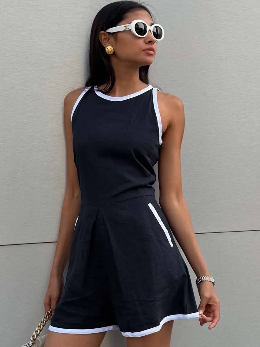 Casual O-Neck Patchwork Sleeveless High Waisted Pocket Jumpsuit