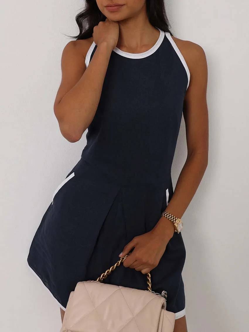 Casual O-Neck Patchwork Sleeveless High Waisted Pocket Jumpsuit