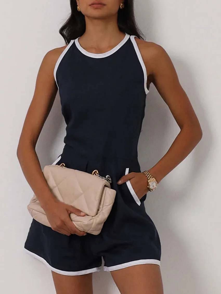 Casual O-Neck Patchwork Sleeveless High Waisted Pocket Jumpsuit