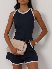 Casual O-Neck Patchwork Sleeveless High Waisted Pocket Jumpsuit