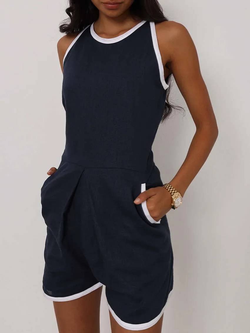Casual O-Neck Patchwork Sleeveless High Waisted Pocket Jumpsuit