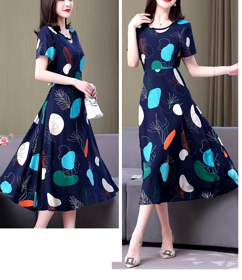 Casual O-Neck Print Knee-Length Loose Midi Dress