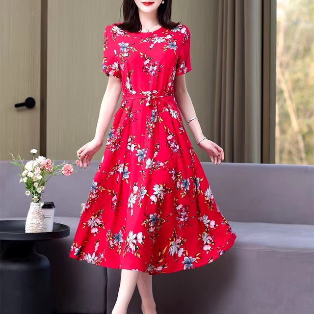 Vintage O-Neck Print Knee-Length Non Stretch Midi Dress
