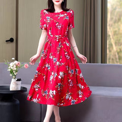 Vintage O-Neck Print Knee-Length Non Stretch Midi Dress