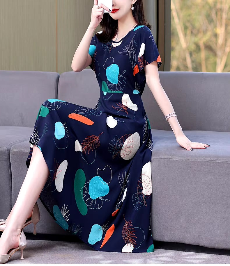 Casual O-Neck Print Knee-Length Loose Midi Dress