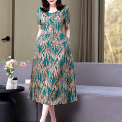 Vintage O-Neck Print Short Sleeve Slim Non Stretch Midi Dress
