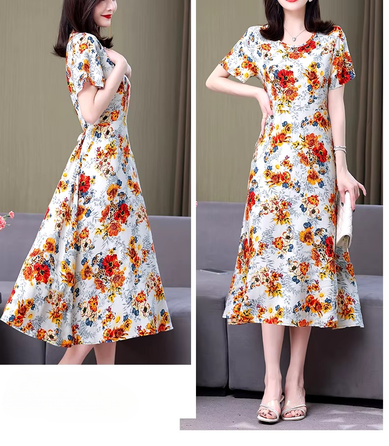 Casual O-Neck Print Short Sleeve Knee-Length Loose Midi Dress