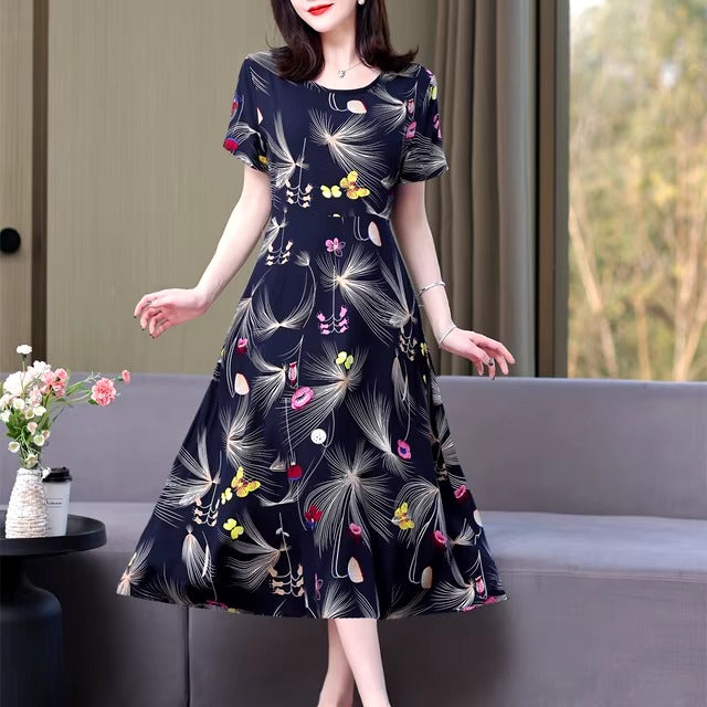Casual O-Neck Print Short Sleeve Knee-Length Non Stretch Midi Dress