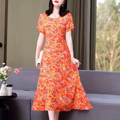 Casual O-Neck Print Short Sleeve Knee-Length Midi Dress