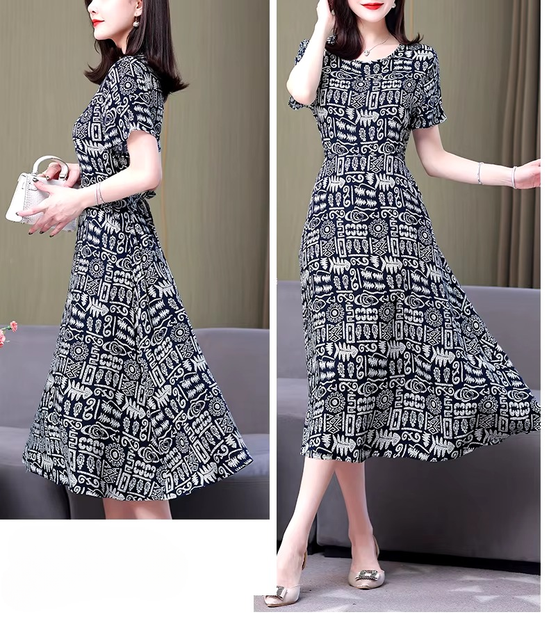 Casual O-Neck Print Short Sleeve Knee-Length Midi Dress