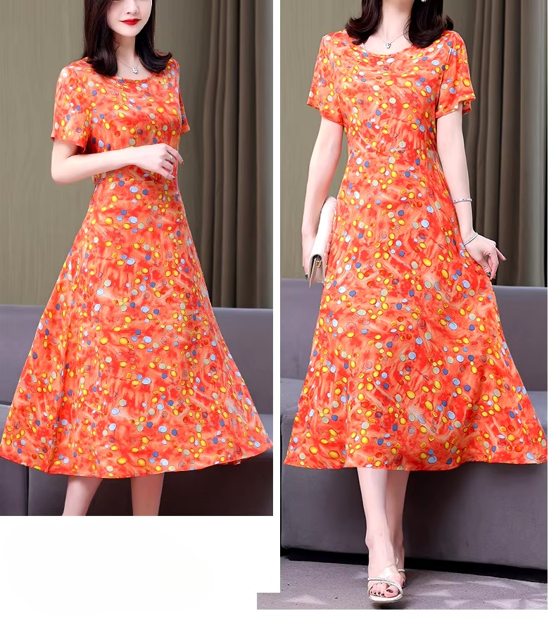 Casual O-Neck Print Short Sleeve Knee-Length Midi Dress