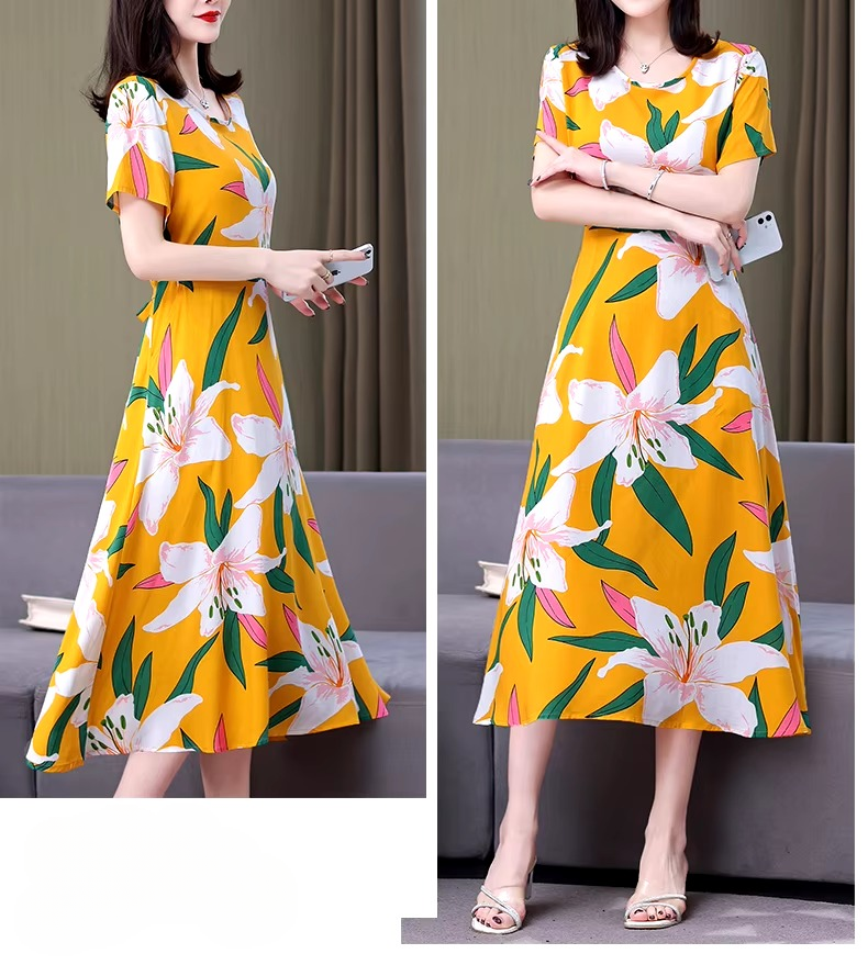 Vintage O-Neck Print Short Sleeve Knee-Length Non Stretch Midi Dress