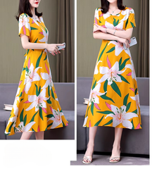 Vintage O-Neck Print Short Sleeve Knee-Length Non Stretch Midi Dress