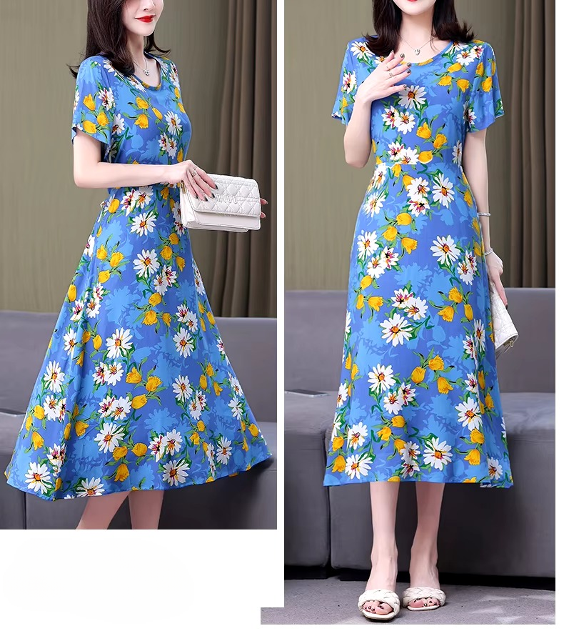 Casual O-Neck Print Short Sleeve Knee-Length Slim Midi Dress