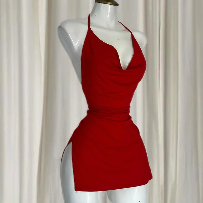 Casual O-Neck Pullover Sleeveless Backless Halter Camisole Bodycon Mini Dress