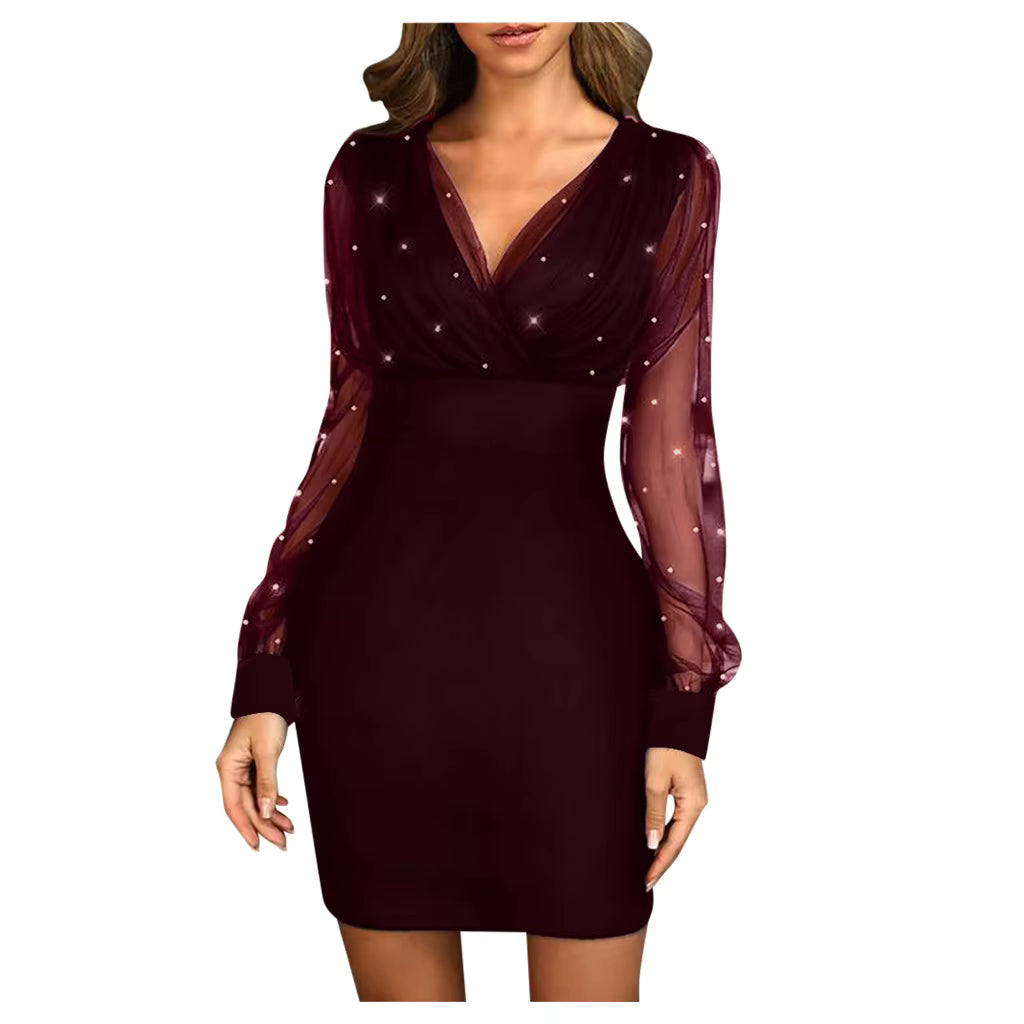 Casual O-Neck Sequins See Through Long Sleeve Wrap Hip Cocktail Mini Dress