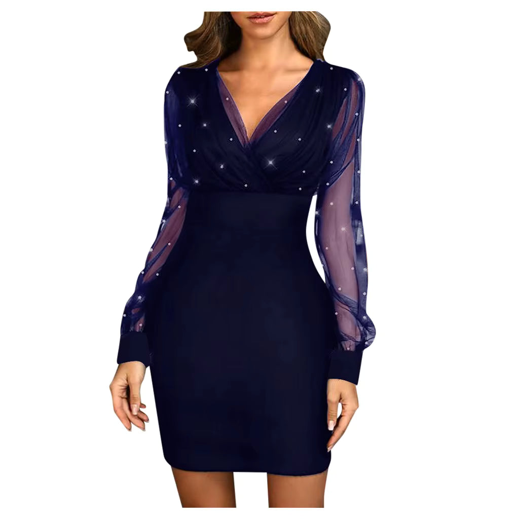 Casual O-Neck Sequins See Through Long Sleeve Wrap Hip Cocktail Mini Dress