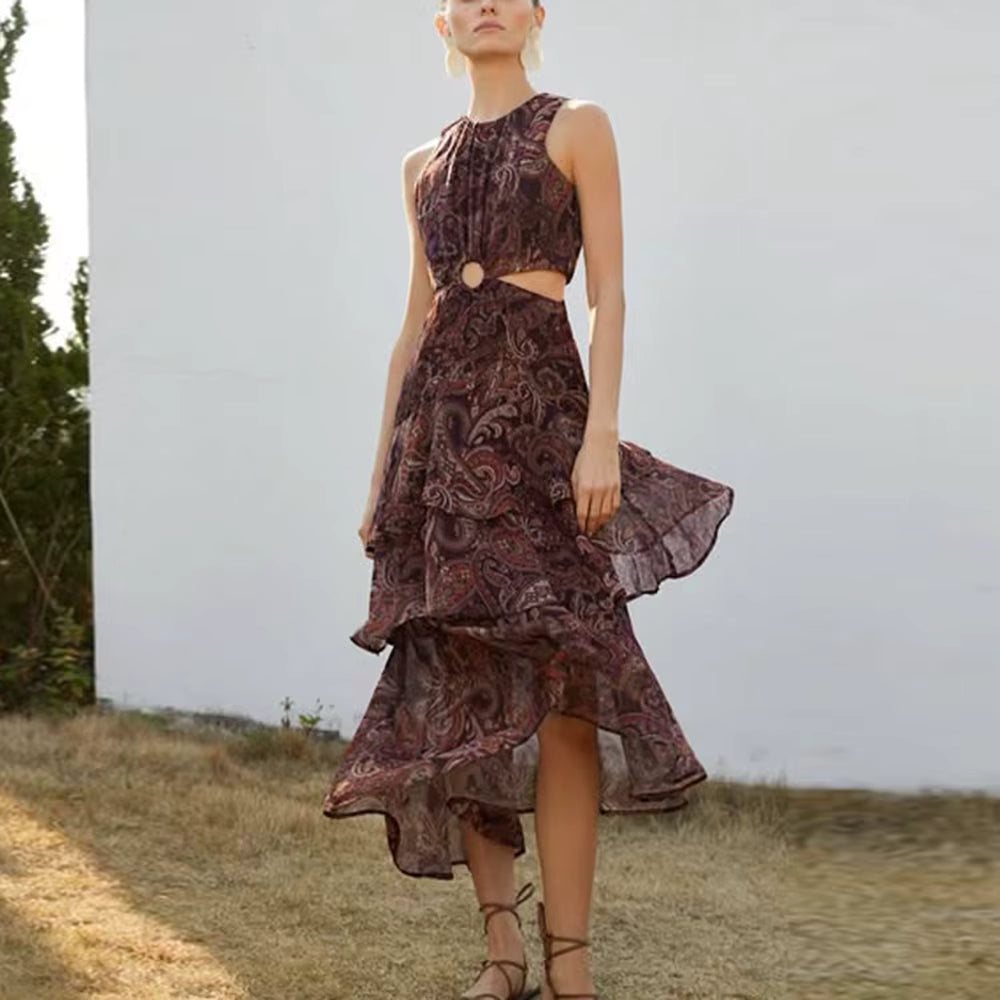 Casual O Neck Sleeveless High Waist Temperament Maxi Dress