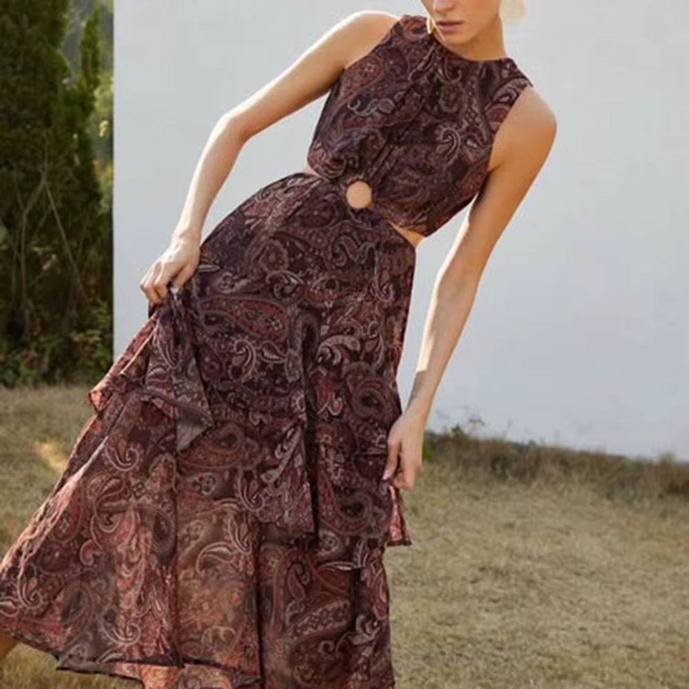 Casual O Neck Sleeveless High Waist Temperament Maxi Dress