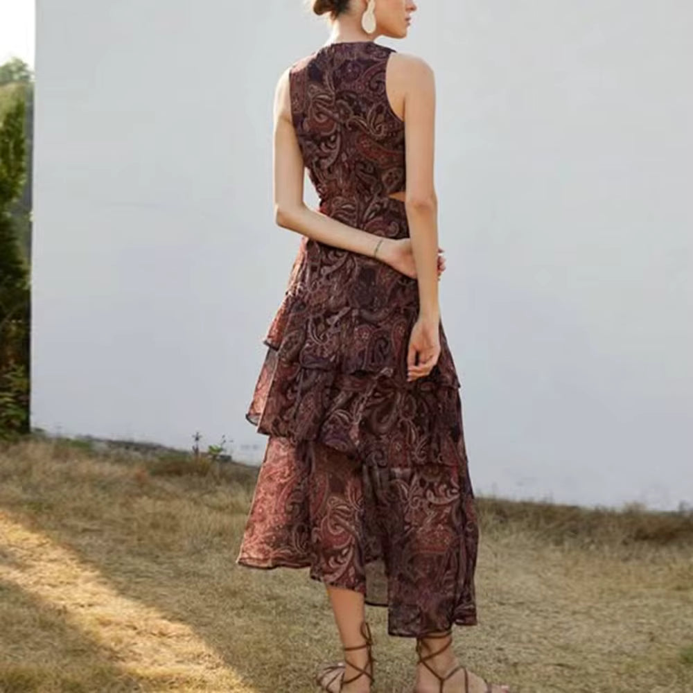 Casual O Neck Sleeveless High Waist Temperament Maxi Dress