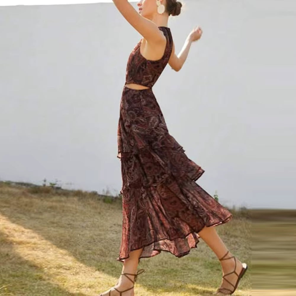 Casual O Neck Sleeveless High Waist Temperament Maxi Dress