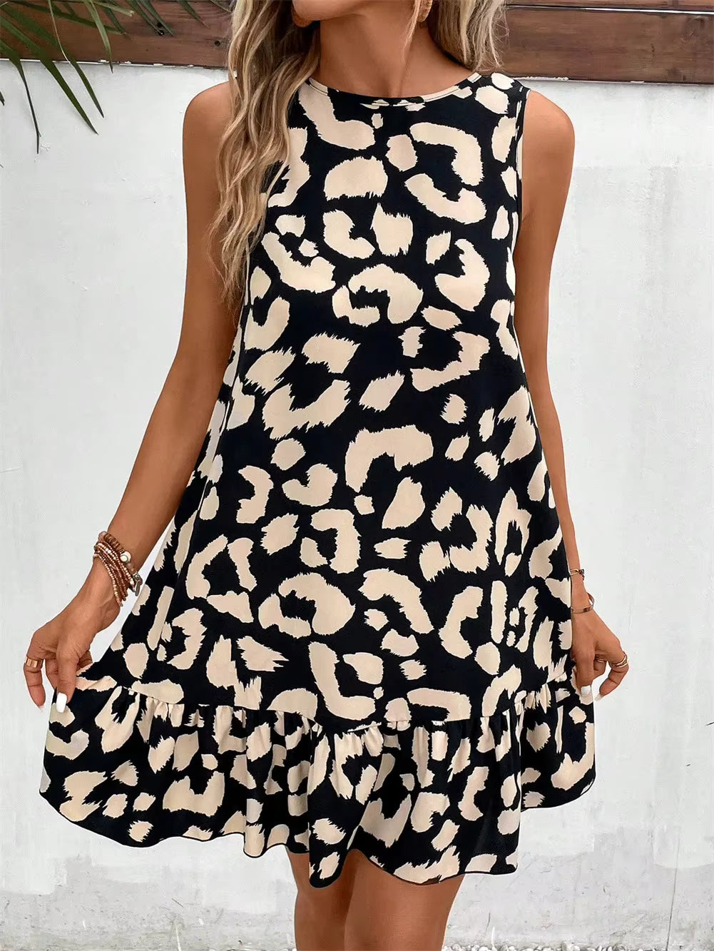 Casual O-Neck Sleeveless Leopard Printed Slim Mini A-line Dress
