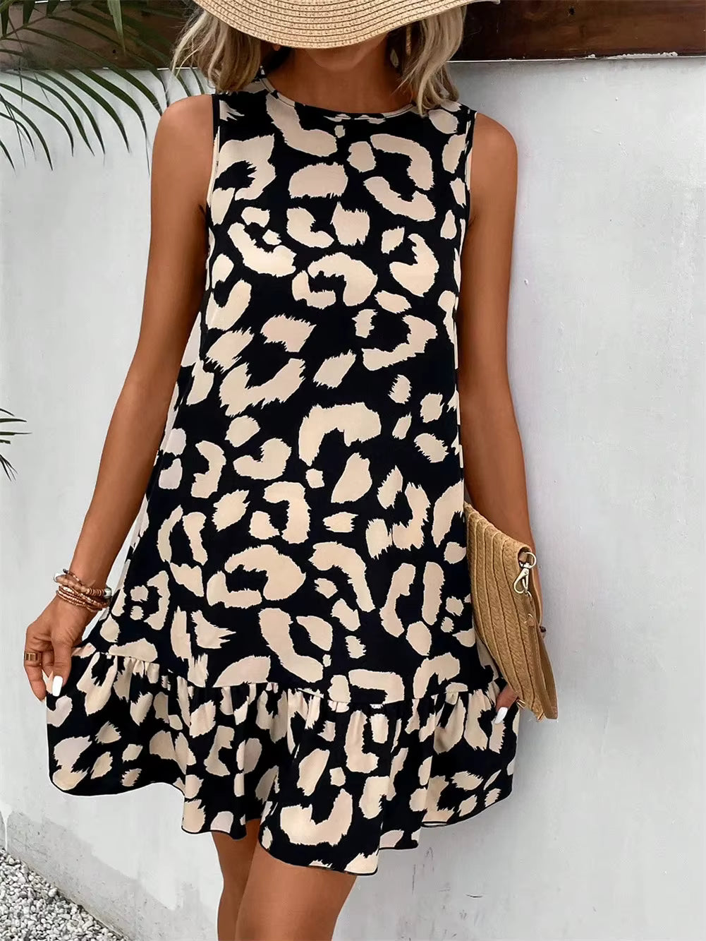 Casual O-Neck Sleeveless Leopard Printed Slim Mini A-line Dress