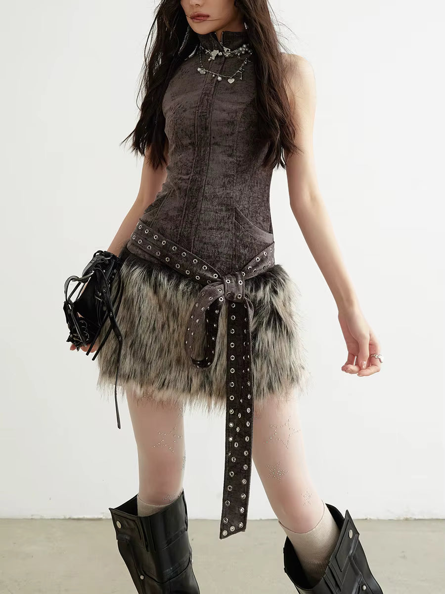 Casual O-Neck Sleeveless Spliced Belt Slimming High Wiast Mini Dress
