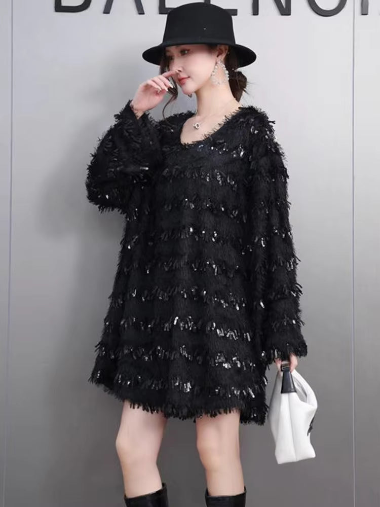 Casual O-Neck Tassels Large Size Plush Mini Dress