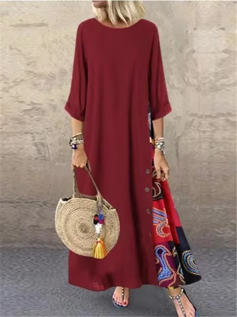 Casual O-Neck half Sleeve Streetwear Cotton Linen Vintage Long Dress