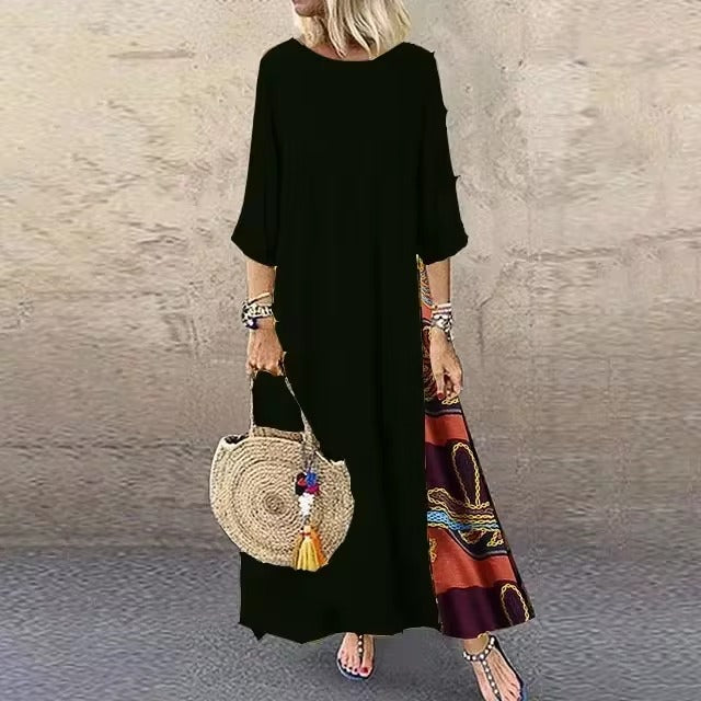 Casual O-Neck half Sleeve Streetwear Cotton Linen Vintage Long Dress