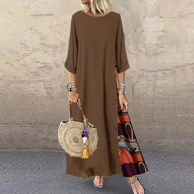 Casual O-Neck half Sleeve Streetwear Cotton Linen Vintage Long Dress