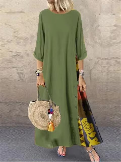 Casual O-Neck half Sleeve Streetwear Cotton Linen Vintage Long Dress