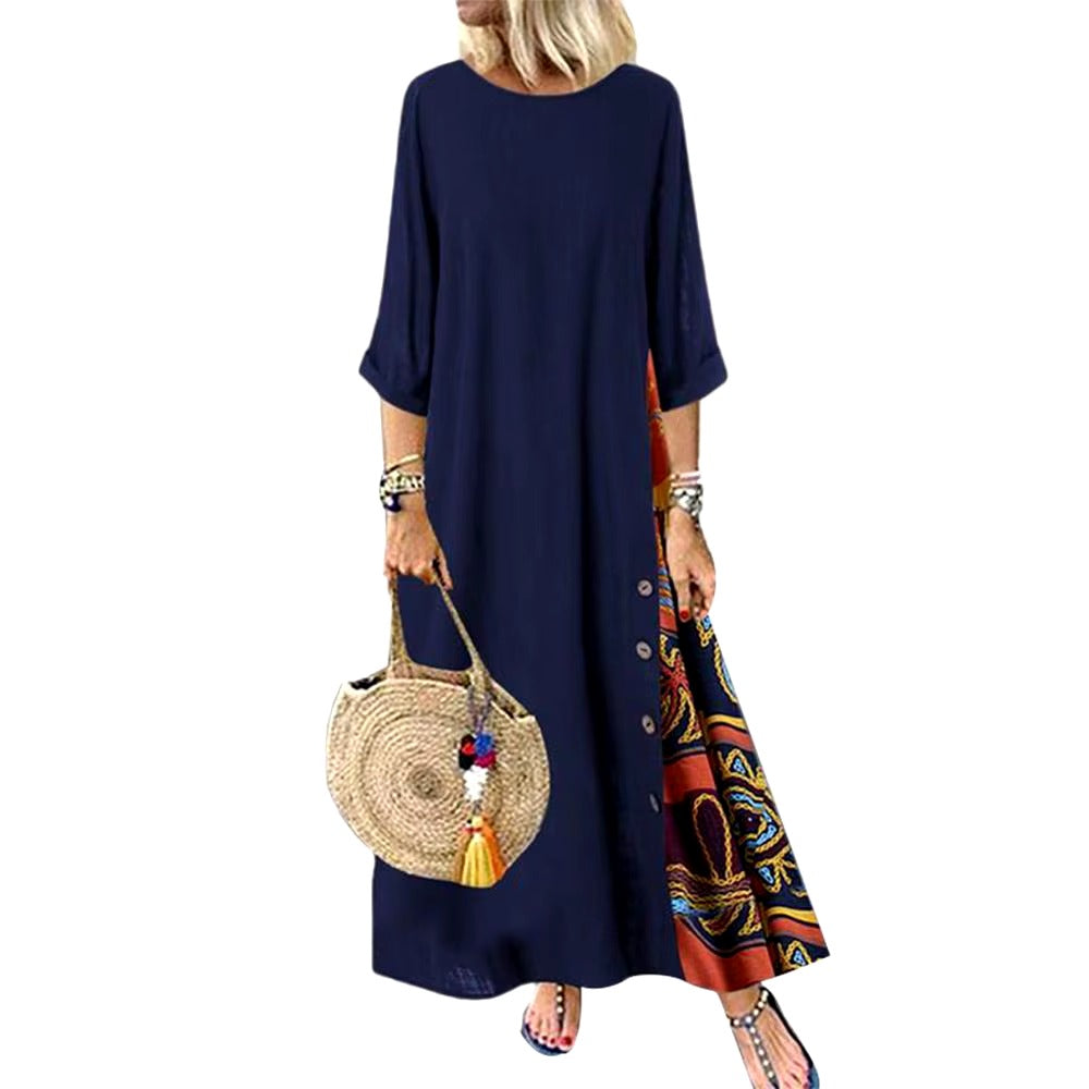 Casual O-Neck half Sleeve Streetwear Cotton Linen Vintage Long Dress