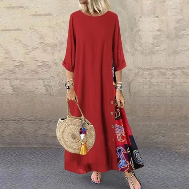 Casual O-Neck half Sleeve Streetwear Cotton Linen Vintage Long Dress