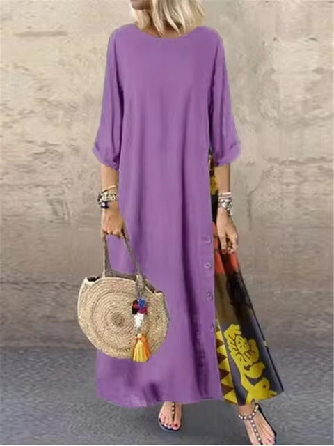 Casual O-Neck half Sleeve Streetwear Cotton Linen Vintage Long Dress