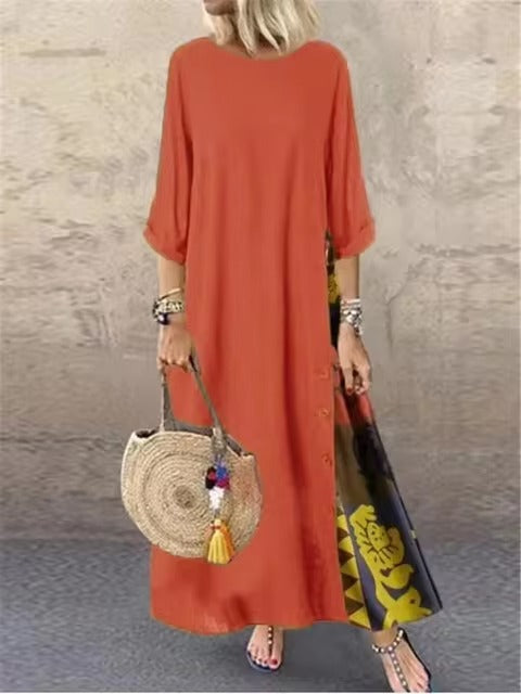 Casual O-Neck half Sleeve Streetwear Cotton Linen Vintage Long Dress