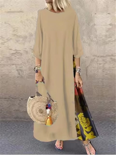 Casual O-Neck half Sleeve Streetwear Cotton Linen Vintage Long Dress