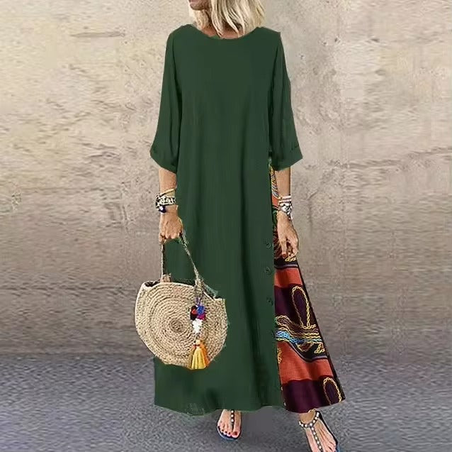 Casual O-Neck half Sleeve Streetwear Cotton Linen Vintage Long Dress