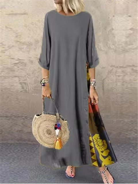 Casual O-Neck half Sleeve Streetwear Cotton Linen Vintage Long Dress