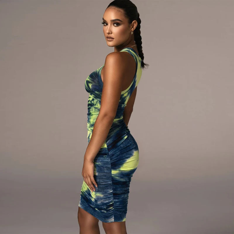 Casual O-neck Tie Dye Style Patchwork Skinny Medium Stretch Mini Dress