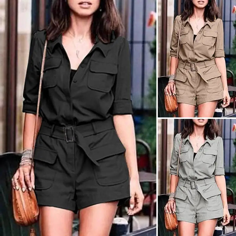 Casual OL Work Playsuits Elegant Solid Overalls Long Sleeve Lapel Neck Jumpsuits Dungarees
