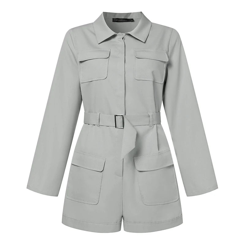 Casual OL Work Playsuits Elegant Solid Overalls Long Sleeve Lapel Neck Jumpsuits Dungarees