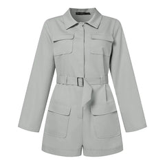 Casual OL Work Playsuits Elegant Solid Overalls Long Sleeve Lapel Neck Jumpsuits Dungarees