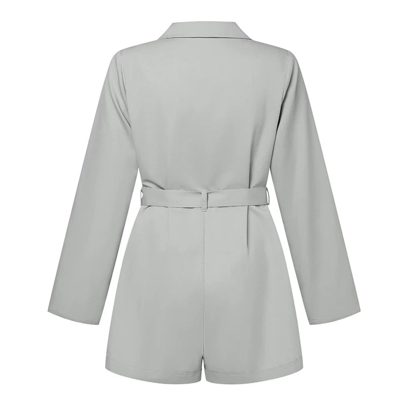 Casual OL Work Playsuits Elegant Solid Overalls Long Sleeve Lapel Neck Jumpsuits Dungarees