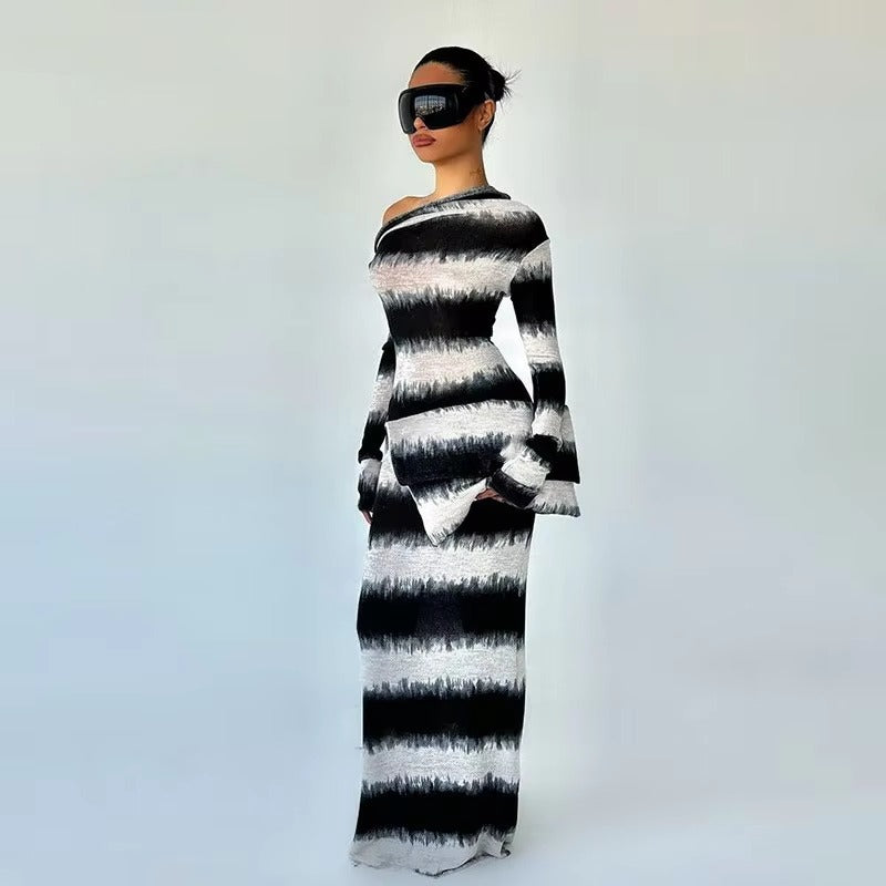 Casual Oblique Shoulder Long Sleeve Stripes Body-Shaping Maxi Dress