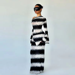 Casual Oblique Shoulder Long Sleeve Stripes Body-Shaping Maxi Dress