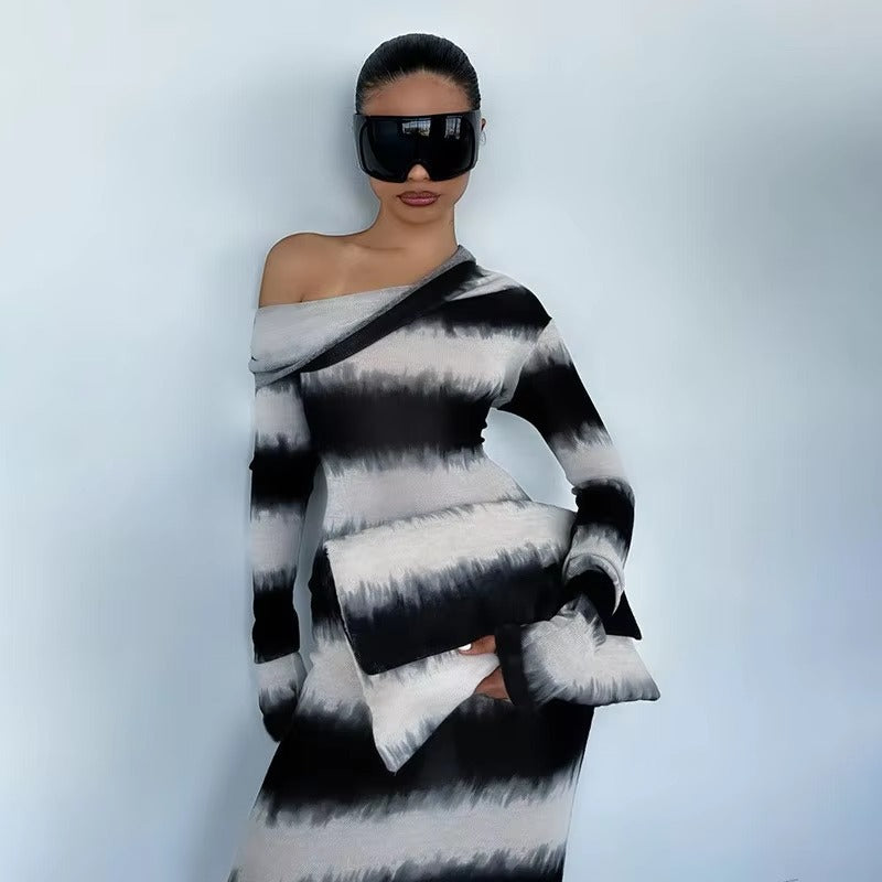 Casual Oblique Shoulder Long Sleeve Stripes Body-Shaping Maxi Dress